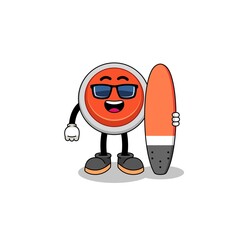 Mascot cartoon of emergency button as a surfer