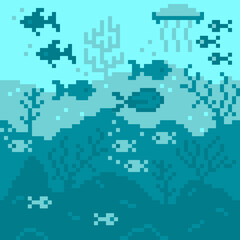 Underwater ocean seascape pixel background . Coral reef and fish and algae. Underwater plants and marine life. Vector illustration