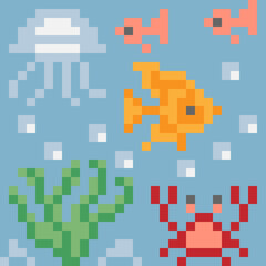 Sea life underwater pixel art. Vector illustration and print design. Fish, jellyfish, crab