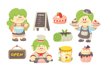 Various characters and items in the cake shop