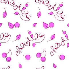 seamless pattern of lettering and stylized cherry berries with leaves