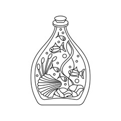 Sea Coloring book page . A glass bottle with fishes, plants and shells. Hand drawn vector illustration. Ocean inside the container