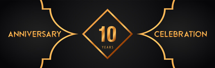 10th years anniversary logotype with gold line art deco background for the celebration event, wedding, greetings card, brochure, banner, poster, leaflet, graduation, happy birthday.