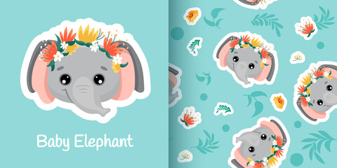 Cute seamless pattern with Elephant and flower crown. Animal repeated vector illustration for nursery, poster, birthday greeting cards, baby shower or textile fabric