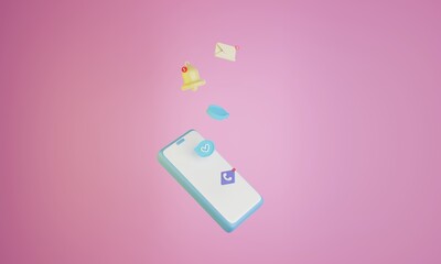 3d illustration. Mobile phone with notifications coming out of it and floating around. Copy space. Social media concept. Communication concept. 3d rendering