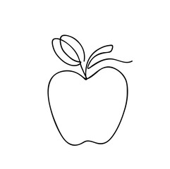 One line apple vector illustration. Minimalist line art apple drawing with leaf.