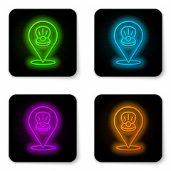 Glowing neon line Scallop sea shell icon isolated on white background. Seashell sign. Black square button. Vector