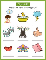 Write -th- sound missing words phonics worksheet. Find words with the correct spelling rule. Activity page for kids. Vector illustration - obrazy, fototapety, plakaty