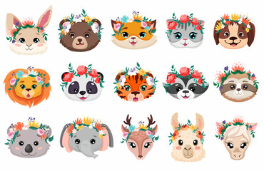 Fototapeta premium Set of cute animals with flower crown wreaths isolated on white background for nursery posters, birthday greeting cards, wedding design. Vector cartoon illustration