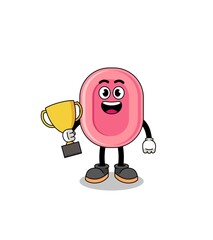 Cartoon mascot of soap holding a trophy
