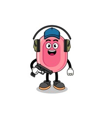 Character mascot of soap doing shooting range