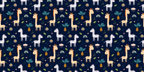 Seamless patterns with cute giraffes and zebras.Pattern with animals of Africa. Children's jewelry and textiles.