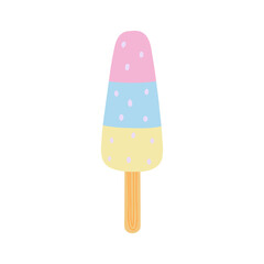 Multicolor ice cream popsicles, frozen juice on wooden stick, fruity popsicle. Vector Illustration for background, packaging, greeting card, poster and seasonal design. Isolated on white background.