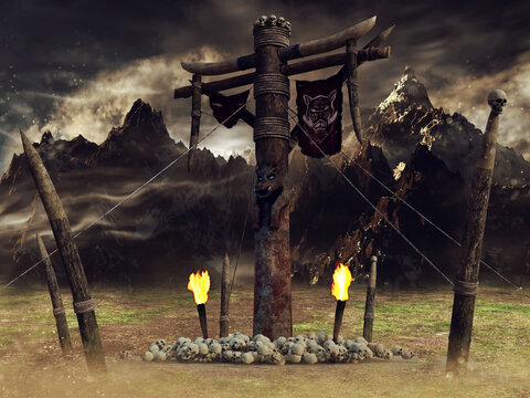 Fantasy wooden orc totem with torches surrounded by skulls, with mountains in the background. 3D render.
