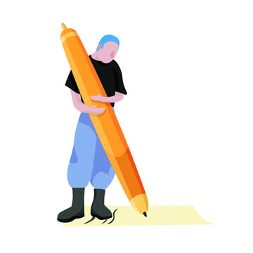 recommend clip art: Writer with big pen and paper sheet on white background