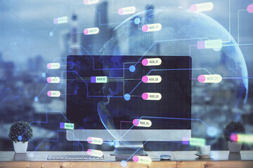 Technology theme drawing and table with computer. Multi exposure. Concept of information.