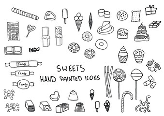 Sweets, chocolate, lolipop, candy, hand painted doodles, icons. - obrazy, fototapety, plakaty