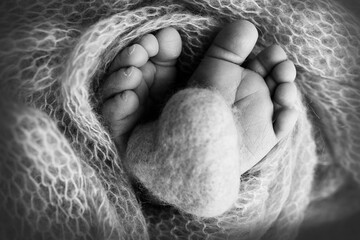 Knitted heart in the legs of a baby. Soft feet of a new born in a wool blanket. Close-up of toes, heels and feet of a newborn. Macro black and white photography the tiny foot of a newborn baby.