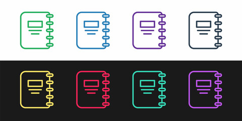 Set line Notebook icon isolated on black and white background. Spiral notepad icon. School notebook. Writing pad. Diary for school. Vector