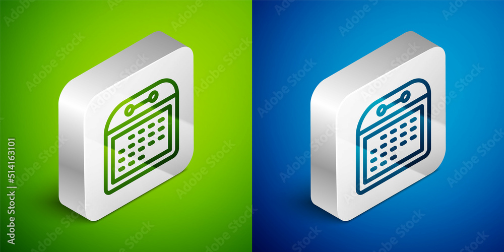 Poster isometric line calendar icon isolated on green and blue background. event reminder symbol. silver sq