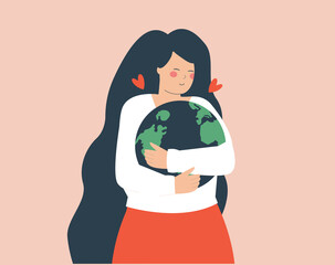 Woman hugs the earth between her arms with love and care. Young female embraces the green planet to protect it. concept of Earth day and environment conservation. Vector illustration
