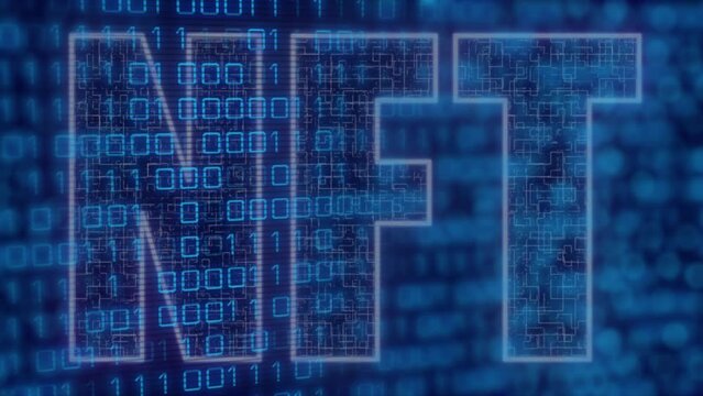 Animation of digital data processing and nft text over blue background