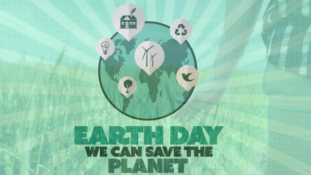 Animation of globe with icons and earth day text over caucasian women