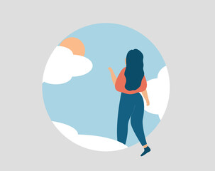 Woman doing the first step into the future to start a new life. Girl wants to get rid of mental health disorders. Concept of mental health improvement and hope. Vector stock
