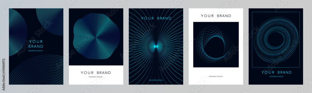 Aufkleber Vector set. Abstract blue green light lines weaving dynamic pattern in circle, vortex shape isolated on dark background. Modern poster concept of music, technology, science, cyber, robot, A.I.	