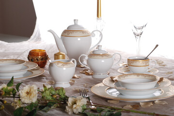 Luxury china dinnerware. Elegant golden design porcelain dishes.