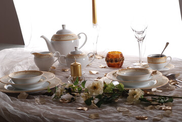 Luxury china dinnerware. Elegant golden design porcelain dishes.