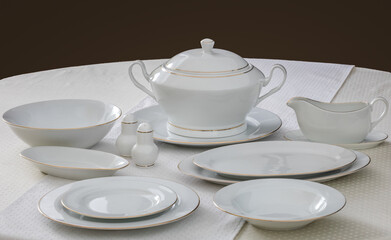 Luxury china dinnerware. Elegant golden design porcelain dishes.