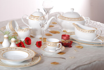 Luxury china dinnerware. Elegant golden design porcelain dishes.
