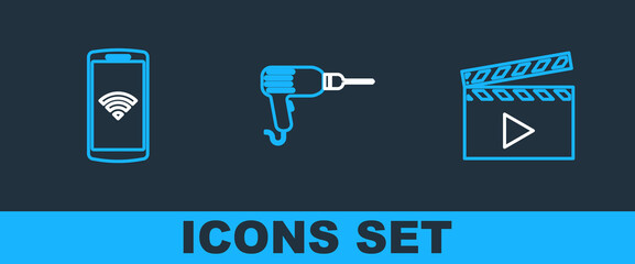 Set line Film reel, speakers and Drill machine icon. Vector