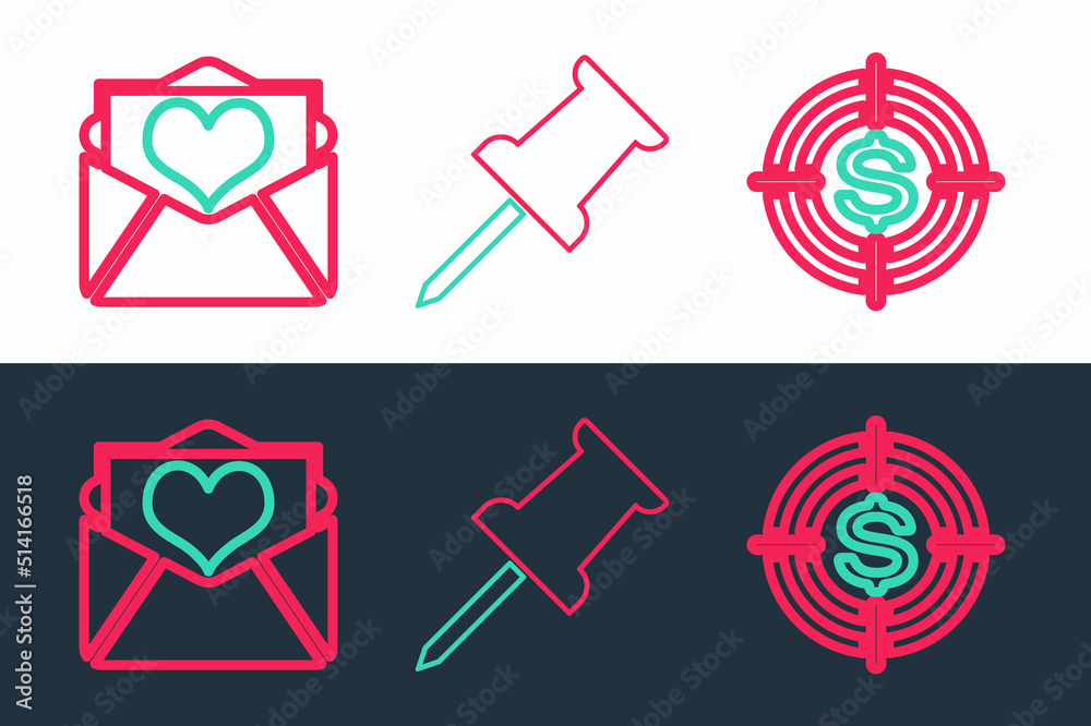 Sticker set line target with dollar, envelope valentine heart and push pin icon. vector