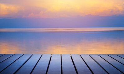 Art summer calm background; sunset seascape and art beautiful wooden deck;