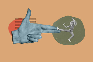 Creative collage illustration of small girl black white effect fighting huge arm showing gun gesture isolated on drawing background