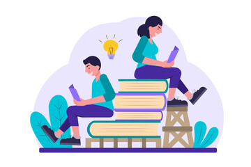 Flat illustration. Concept of reading in the library, acquiring knowledge in schools, based on interests such as science, literature, health, urban situation.