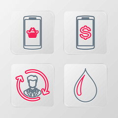 Set line Water drop, Human resources, Smartphone with dollar and Shopping basket mobile icon. Vector