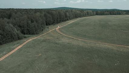 Green forest and rural field with blue sky in summer time