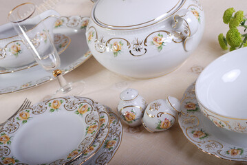 Luxury and elegant porcelain dinner set with a classy golden design.