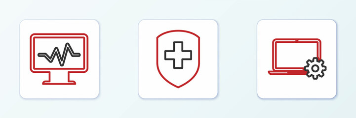 Set line Laptop and gear, Monitor with cardiogram and Medical shield cross icon. Vector