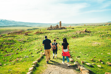 Ani, Turkey - 19th may, 2022: Church structure with organized tour group . Ani ruins archeological site eastern anatolia, Turkey