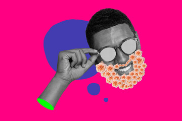 Composite collage portrait of cheerful guy black white effect toothy smile hand touch sunglass...