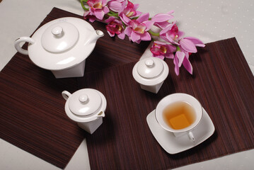 Beautiful bone-china tea set with tea pot and cups and saucers Elegant and minimal design.