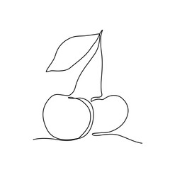 One line cherry vector illustration. Minimalist line art cherry drawing with leaf.