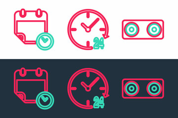 Set line Stereo speaker, Calendar and clock and Clock 24 hours icon. Vector