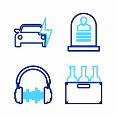 Set line Bottles of wine in box, Headphone and sound waves, Tombstone with RIP written and Electric car icon. Vector