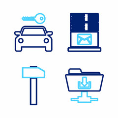 Set line FTP folder download, Hammer, Mail server and Car rental icon. Vector