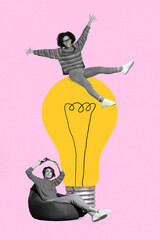 Vertical composite collage illustration of two girls black white effect sit light huge bulb read...
